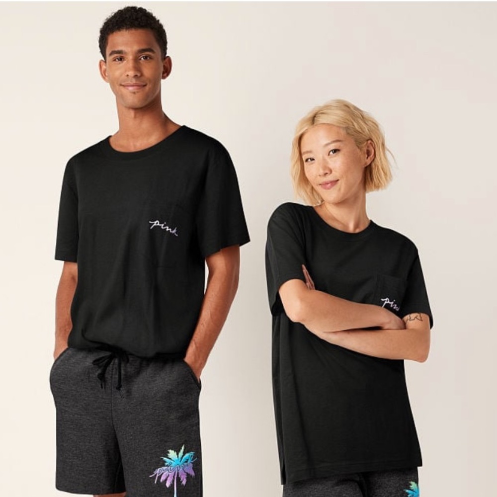 VS VICTORIAS SECRET PINK CAMPUS SHORT SLEEVE TEE TOP PURE BLACK PALM SHINE XS - Picture 7 of 8